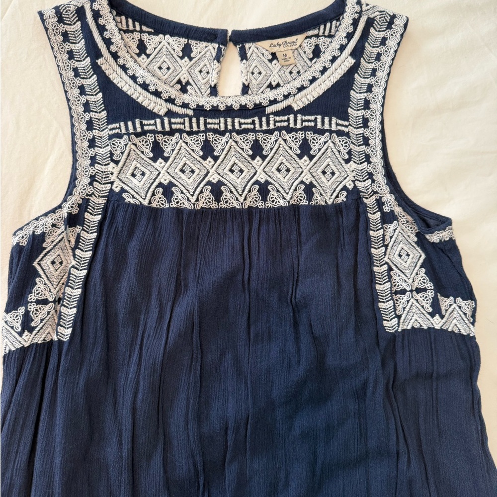 Lucky Brand Navy Sleeveless Dress with White Embroidery